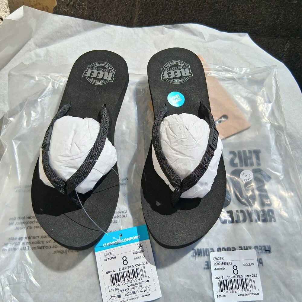 REEF GINGER Flip Flops Black Womens 7, 8 RF001660BK2 New in Bag Vegan - Picture 3 of 4